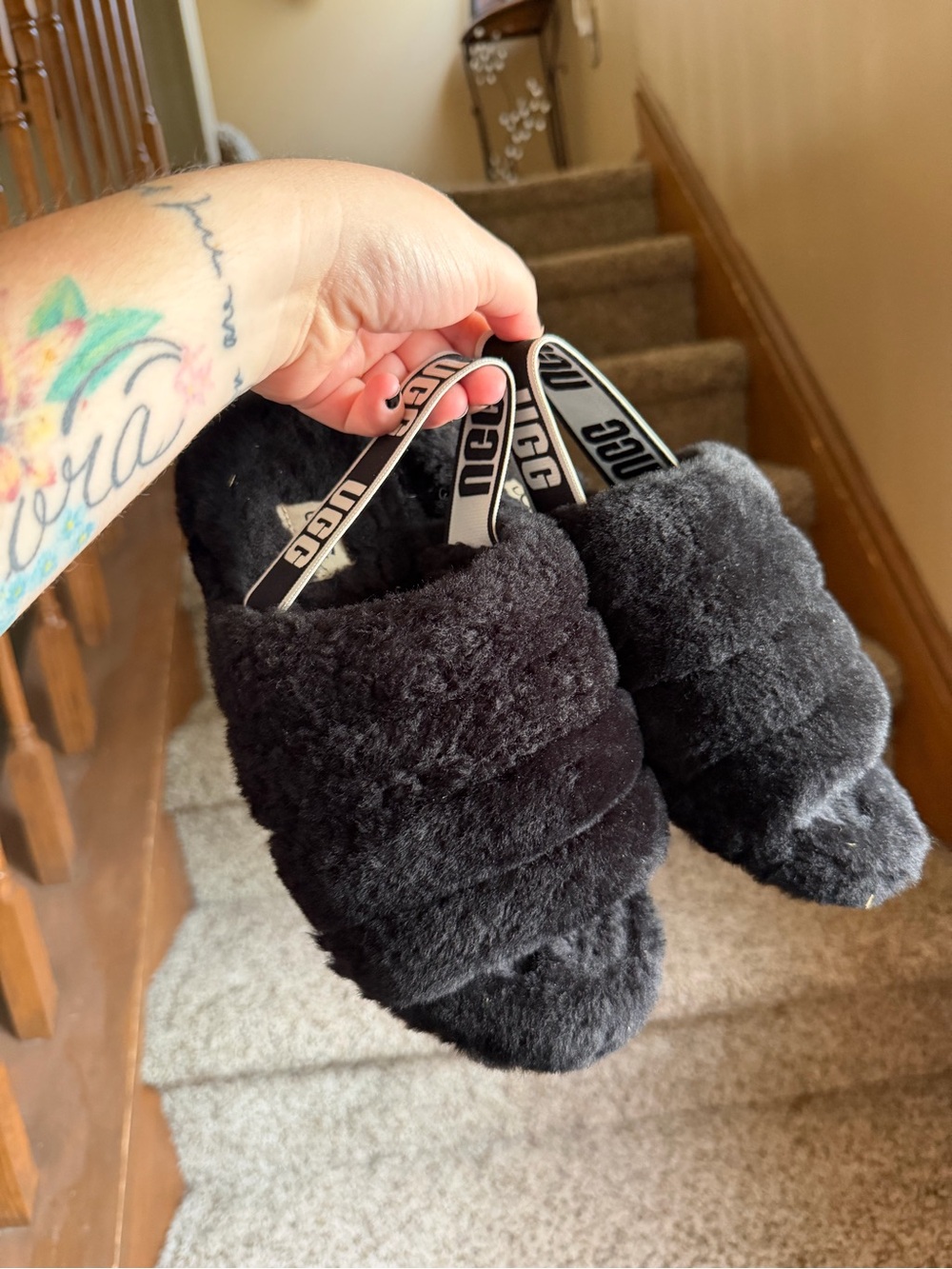 UGG Black Fluffy Slide Slippers with Branded Heel Strap